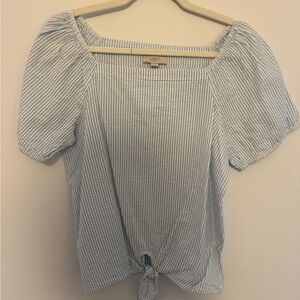 LOFT Light Blue and White Striped Tie-Front Square Neck Blouse